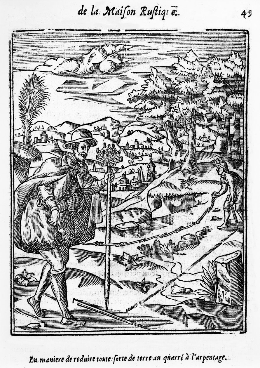 La manera de reducir cualquier tipo de terreno al cuadrado de la encuesta, ilustración de La Agricultura y Casa Rústica por Charles Estienne, edición publicada en 1641 de French School