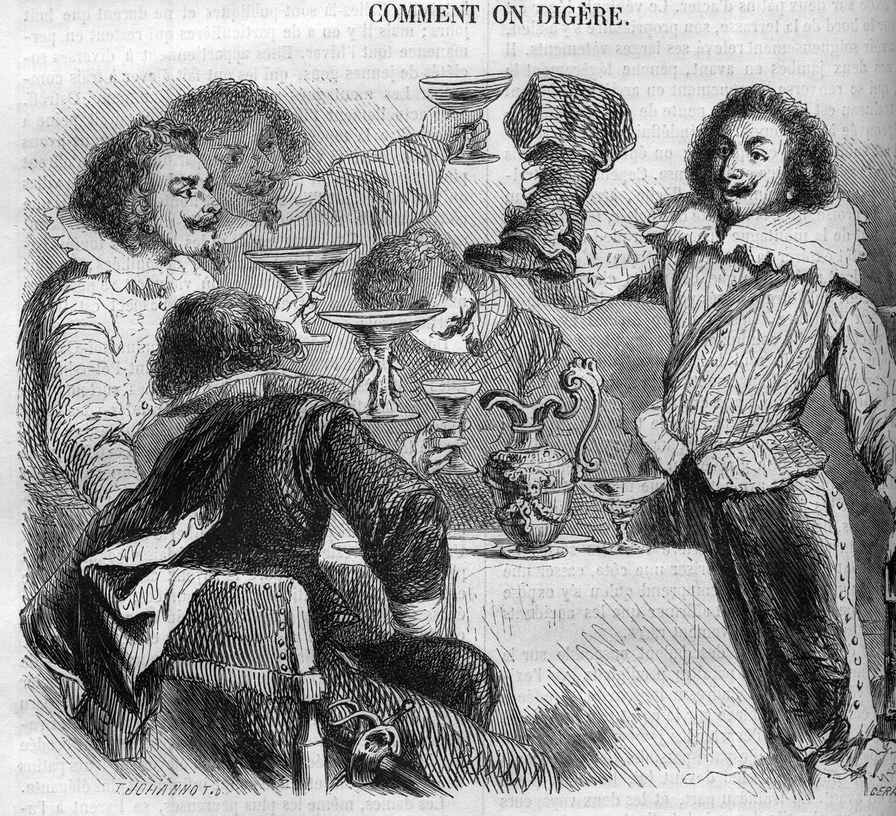 El marqués François de Bassompierre (1579-1646) (mariscal de Bassompierre) bebiendo en su bota de caldero. Grabado de 1852 de French School