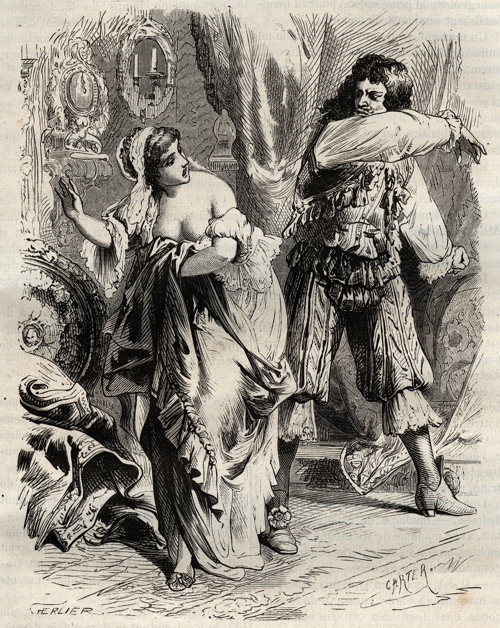 El Marqués de Montespan, Louis Henri de Pardaillan de Gondrin (1640-1691), abofeteó a su esposa, la Marquesa de Montespan (Françoise Athénaïs de Rochechouart de Mortemart) (1640-1707), porque ella se negó a obedecerle por orden del Rey de French School