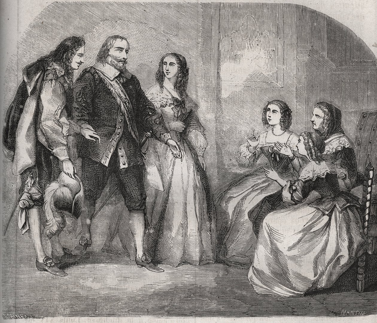 El Marqués de Montespan, Louis Henri de Pardaillan de Gondrin (1640-1691) (a la izquierda) vino a proponer el matrimonio de Françoise Athénaïs de Rochechouart Mortemart (entonces Marquesa de Montespan o Madame de Montespan de French School