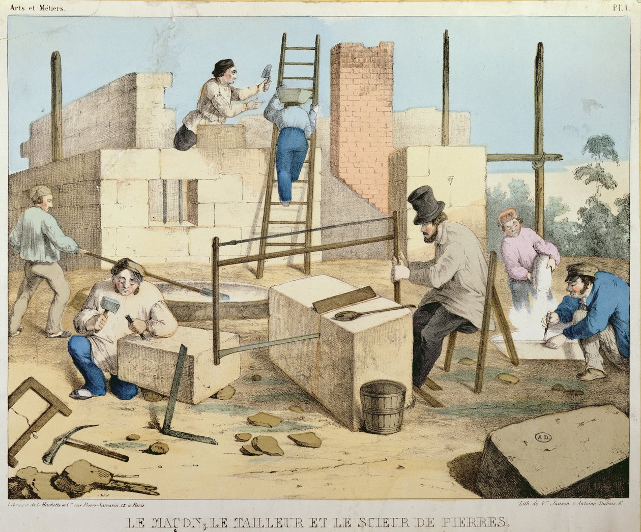 El albañil, el cortador de piedra y el aserrador de piedra, c.1860 de French School