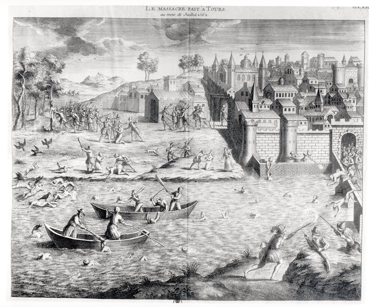 La masacre de los hugonotes en Tours en 1562 de French School