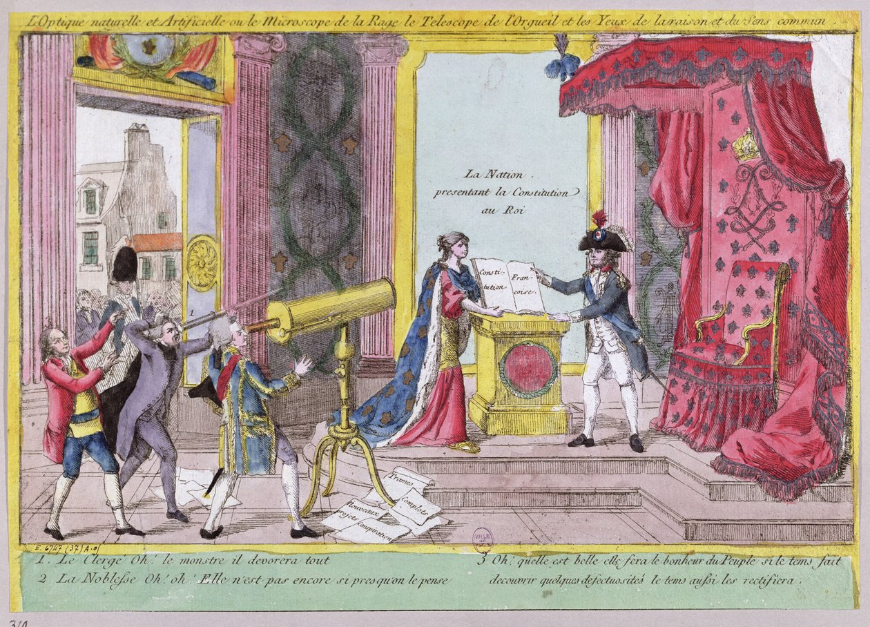 El microscopio de la ira, el telescopio del orgullo y los ojos de la razón y el sentido común, caricatura de la reacción de la nobleza y el clero a la Constitución Francesa, c.1791 de French School