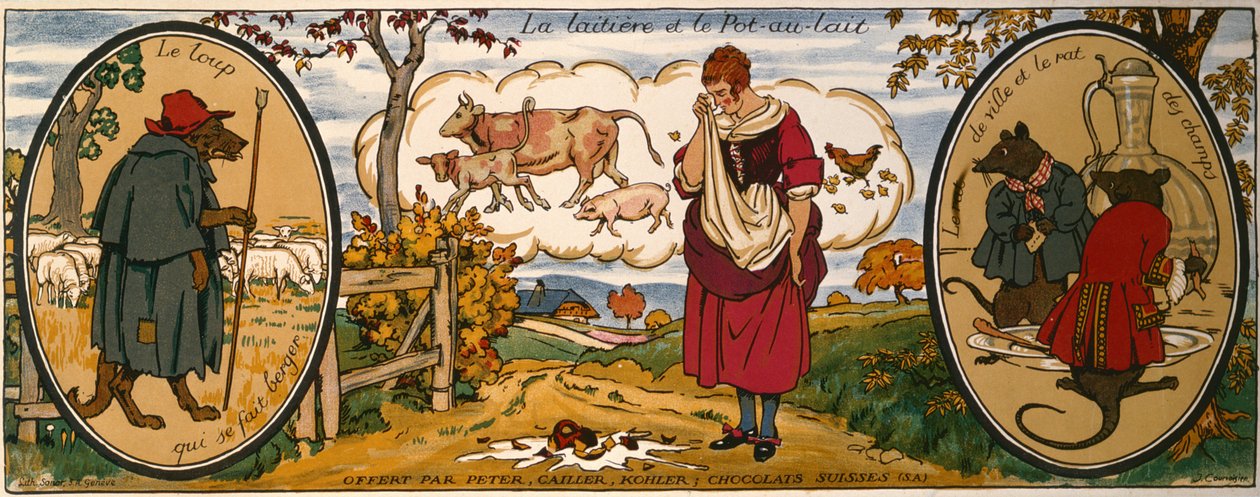 La lechera y la lata de leche, de las "Fábulas" de Jean de La Fontaine (1621-95), tarjeta comercial de los chocolates suizos "Peter, Cailler, Kohler" (litografía en color). de French School