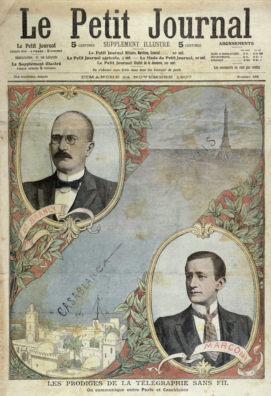Los Milagros del Sistema Telegráfico, ilustración de Le Petit Journal, 24 de noviembre de 1907 de French School