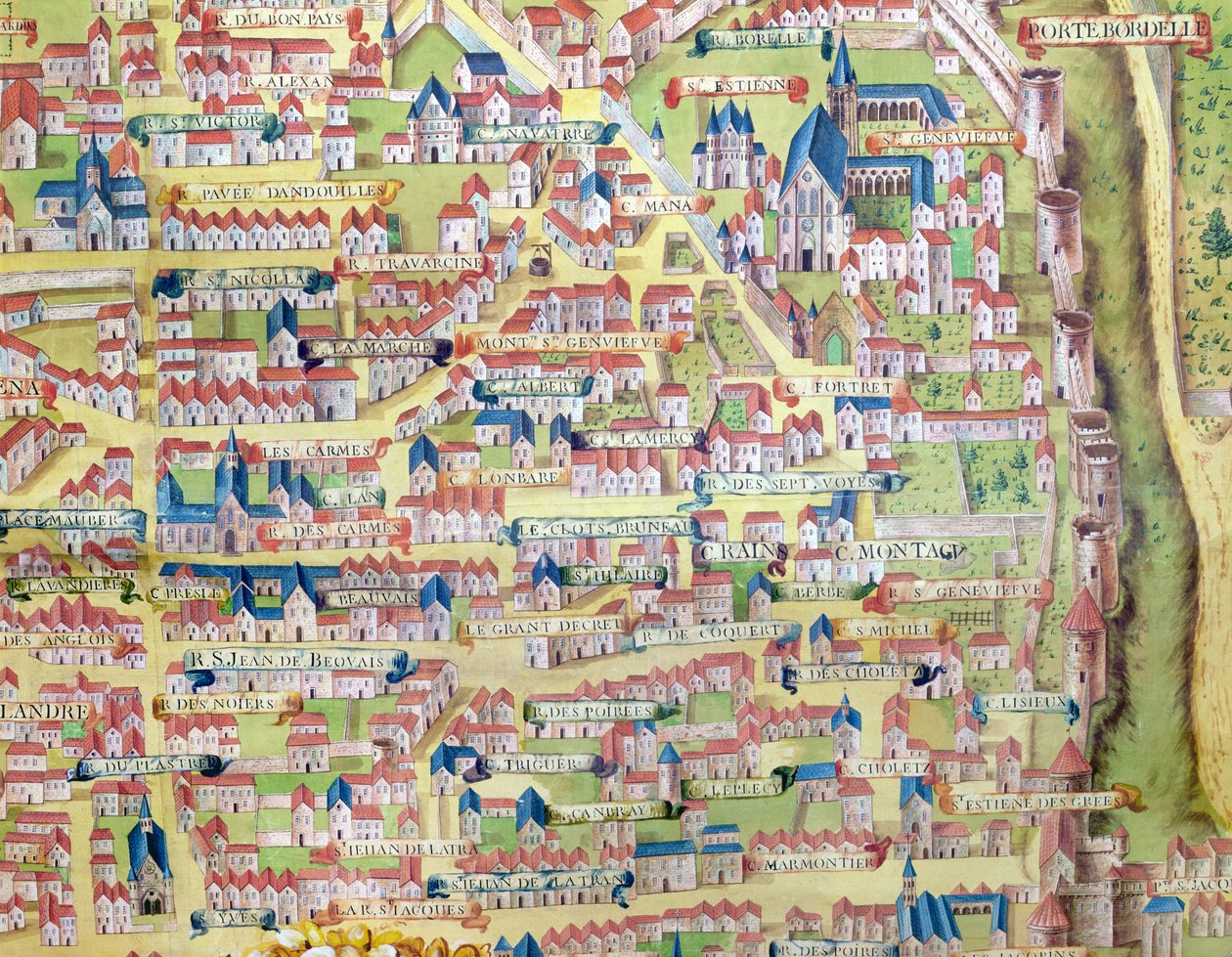 La Montagne Sainte-Genevieve, (detalle) del plan de París hecho c.1540, llamado Plan de la Gouache, c.1860 de French School