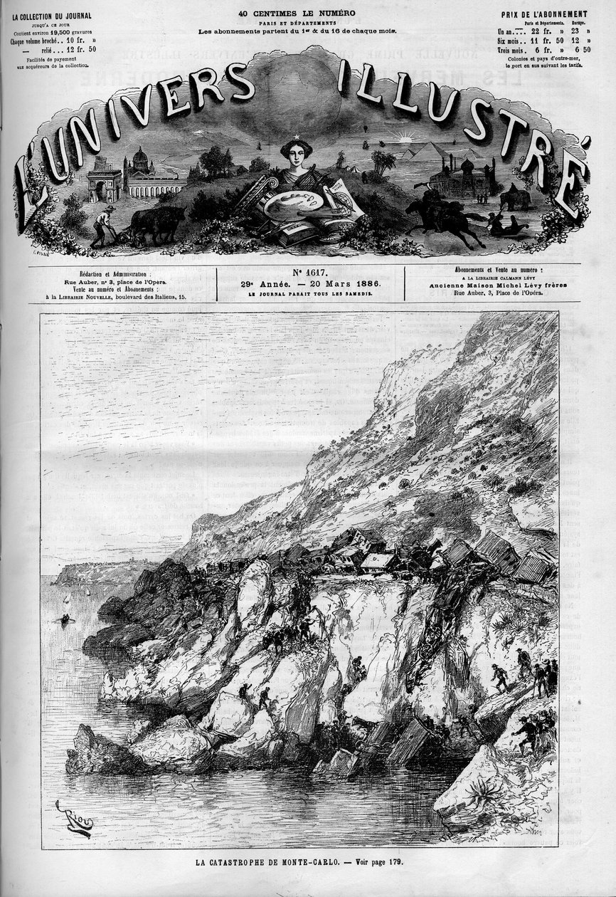 El desastre de Monte Carlo: accidente de tren en la línea ferroviaria a lo largo de la costa. Un periódico. Grabado en "Le Monde Illustré" de French School