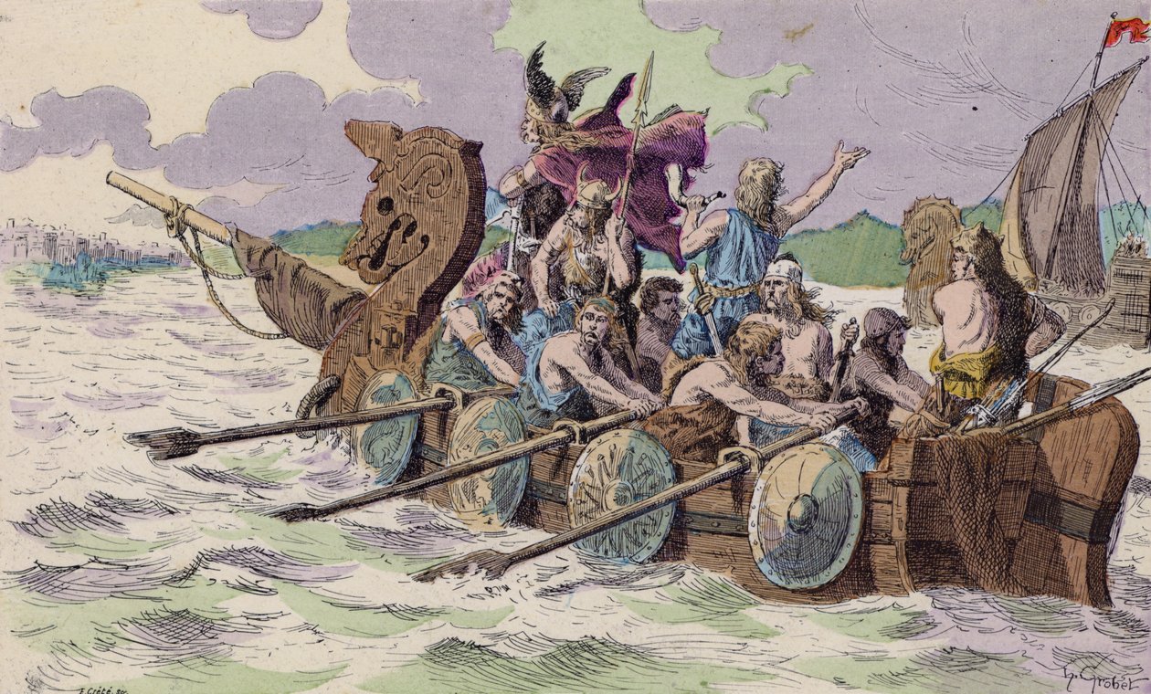 Llegada de los normandos a París, 885 (litografía en color) de French School