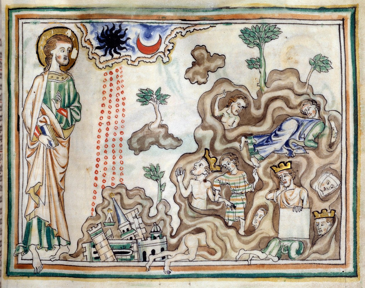 La Apertura del Sexto Sello: ocurre un terremoto y el sol se vuelve negro. La luna se vuelve roja como la sangre. reyes, señores y hombres ricos se refugian en las cuevas. Miniatura tomada de 