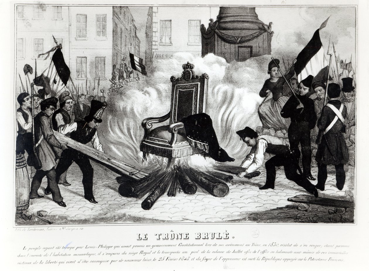 El pueblo quemando el trono en la Plaza de la Bastilla, 1848 de French School