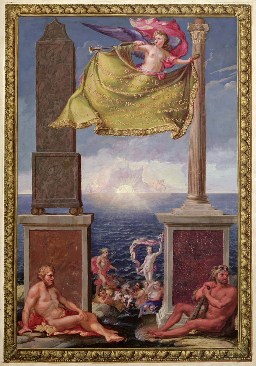 Las Columnas de Hércules, frontispicio de una colección de mapas de Cataluña y las Islas Baleares por Pene, 1680 (grabado en color) de French School