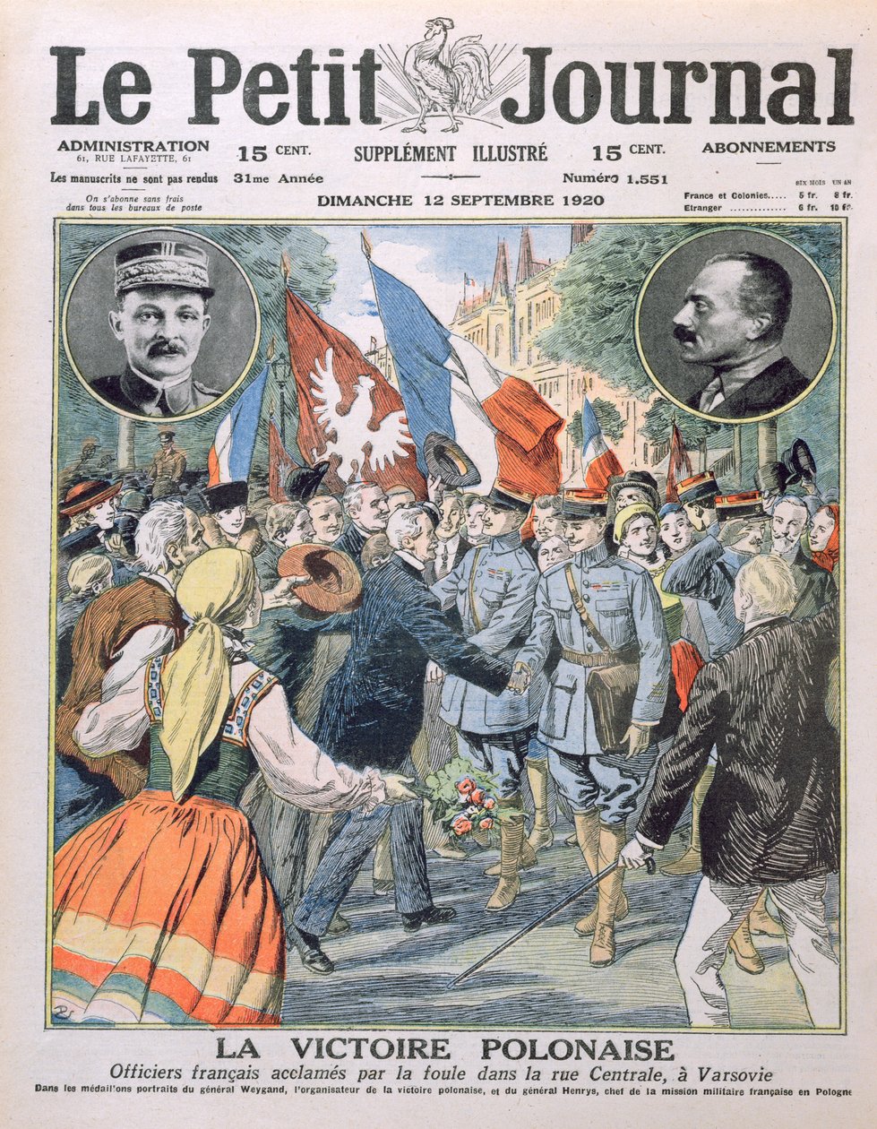 La Victoria Polaca, oficiales franceses aclamados por la multitud en la Calle Central de Varsovia, ilustración de portada de Le Petit Journal, 12 de septiembre de 1920 de French School