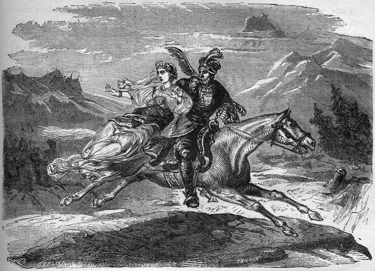 La leyenda polaca de la Princesa Heligonde y el Conde de Tyniec Walgerz. Los dos amantes huyen a Polonia. Grabado en 