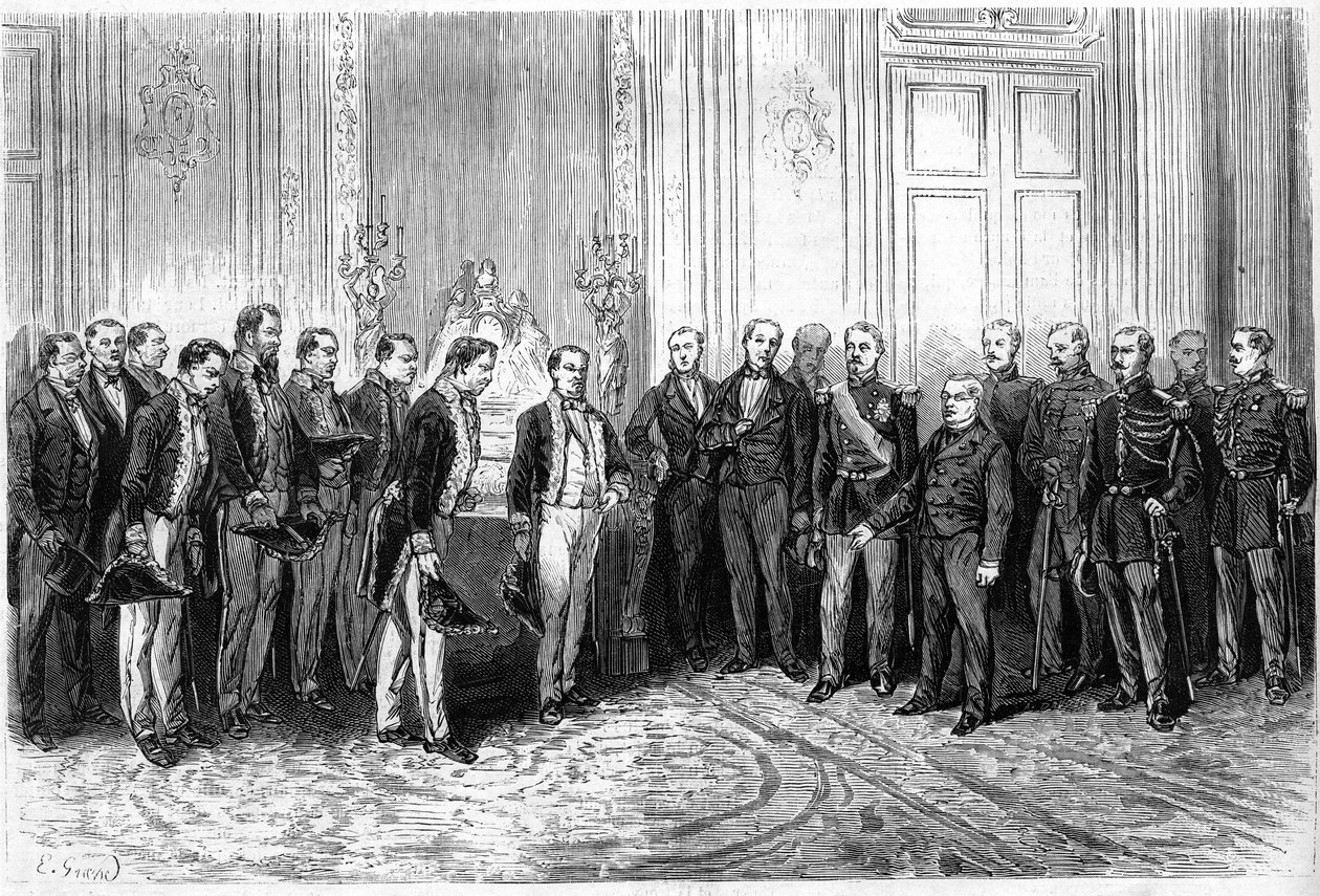El presidente de la República Francesa Adolphe Thiers recibió a los embajadores japoneses en el Palacio del Elíseo. Grabado en 