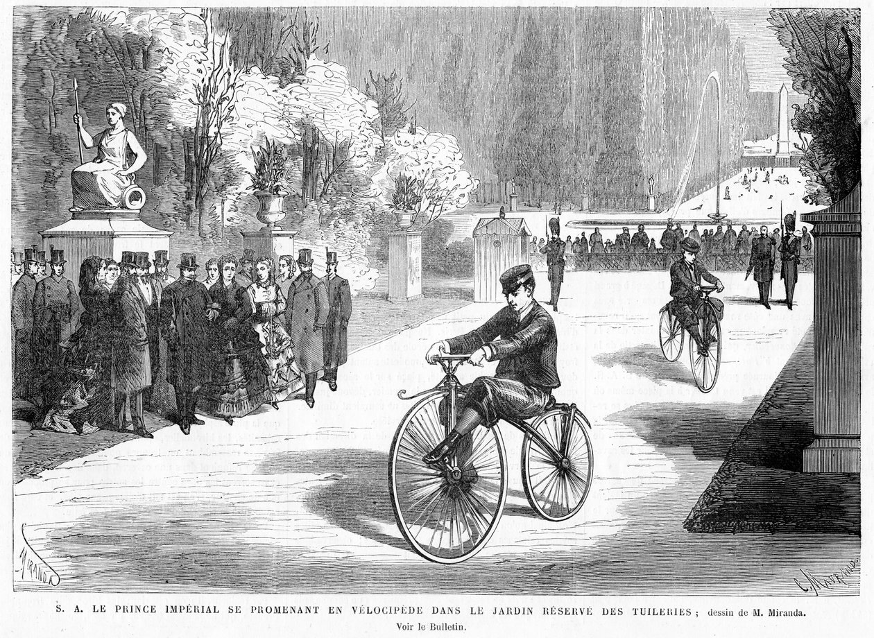 El príncipe imperial, observado por sus padres, el emperador y la emperatriz, muestra su habilidad en ciclismo en un velocípedo Michaux en los Jardines de las Tullerías, París, 1869 de French School