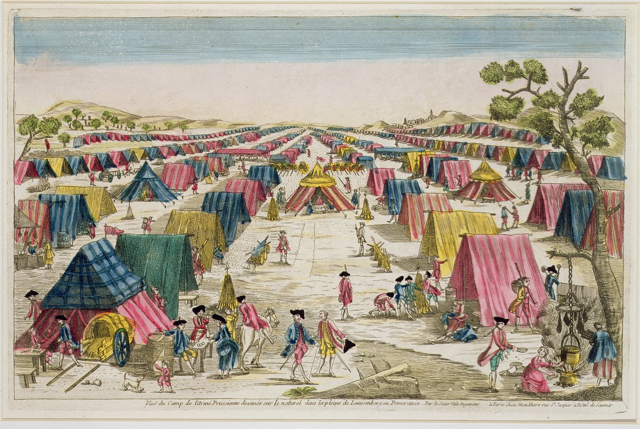 El Campamento del Ejército Prusiano, Dibujado del Natural en los Campos de Pomerania, grabado por Vale, c.1750 de French School