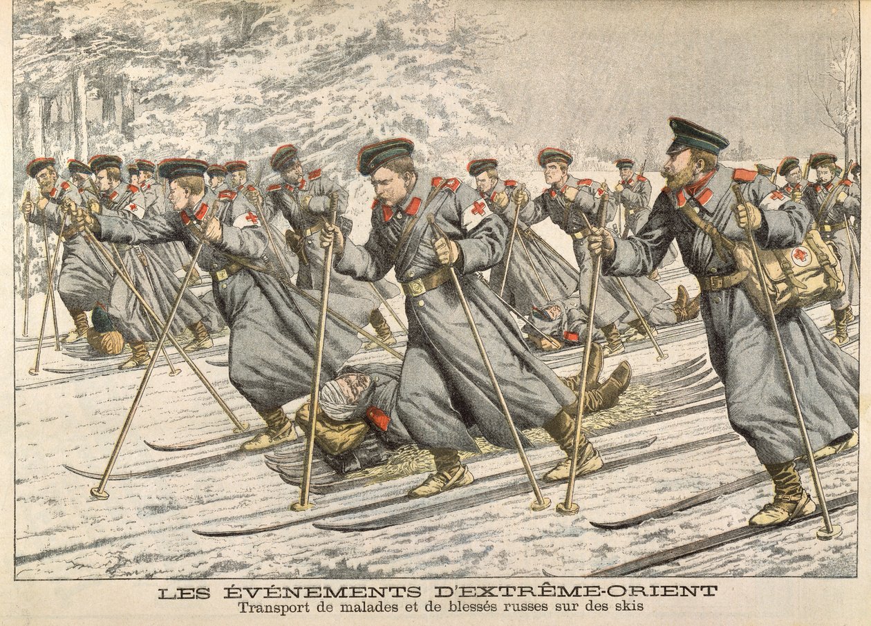 La Cruz Roja transportando rusos heridos en esquís durante la Guerra Ruso-Japonesa (1904-05) de Le Petit Journal, c.1904 de French School