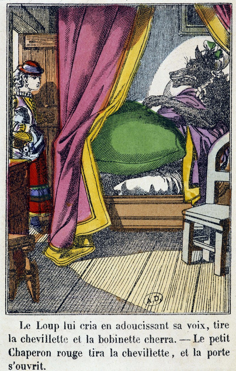 Caperucita Roja entra en la habitación donde el lobo tomó el lugar de su abuela - en "Caperucita Roja", ed. Pellerin, Epinal, s.f. siglo XIX de French School