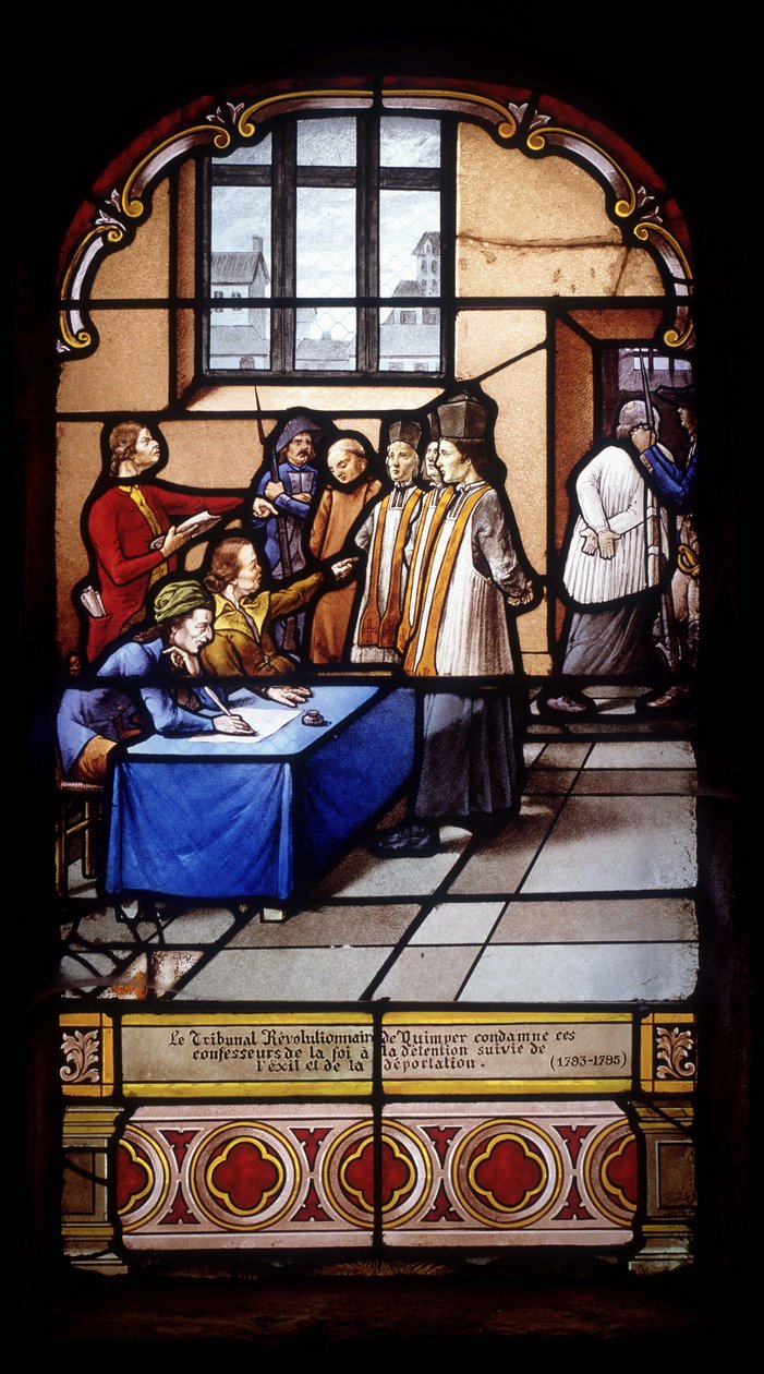 El Tribunal Revolucionario de Quimper condena a estos confesores de la fe a detención seguida de exilio y deportación (1793-95) - vitrales de la iglesia de St Germain en Kerlaz de French School