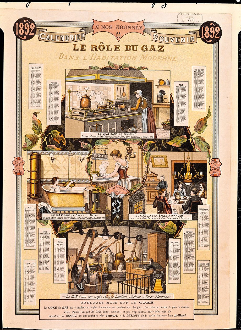El Papel del Gas en las casas modernas, de un calendario de la Compañía de Gas Francesa, 1892 de French School