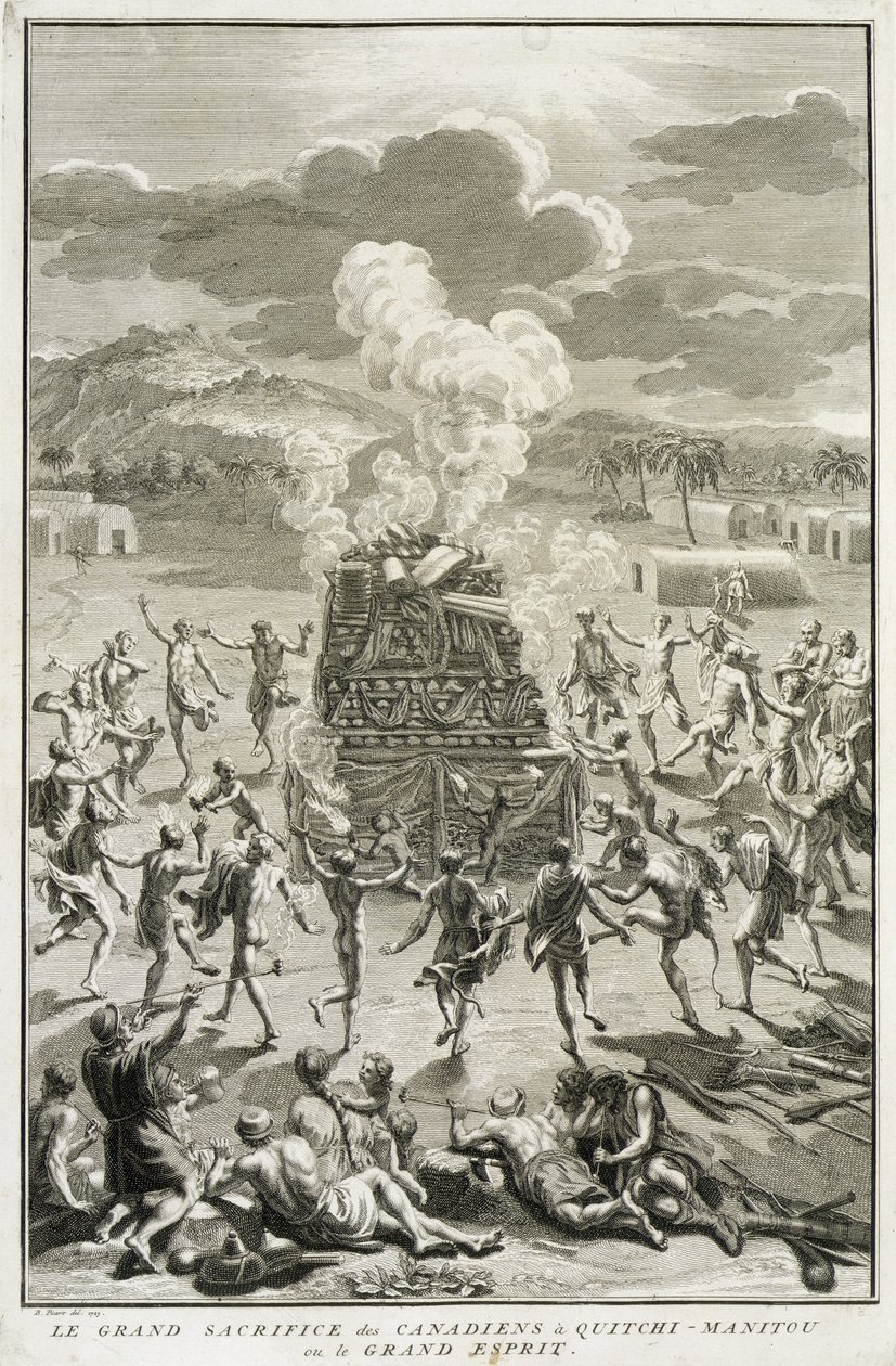 El Sacrificio a Quitchi-Manitou, o El Gran Espíritu, por los canadienses, ilustración de Ceremonias y Costumbres Religiosas, grabado por Bernard Picart, 1723 de French School