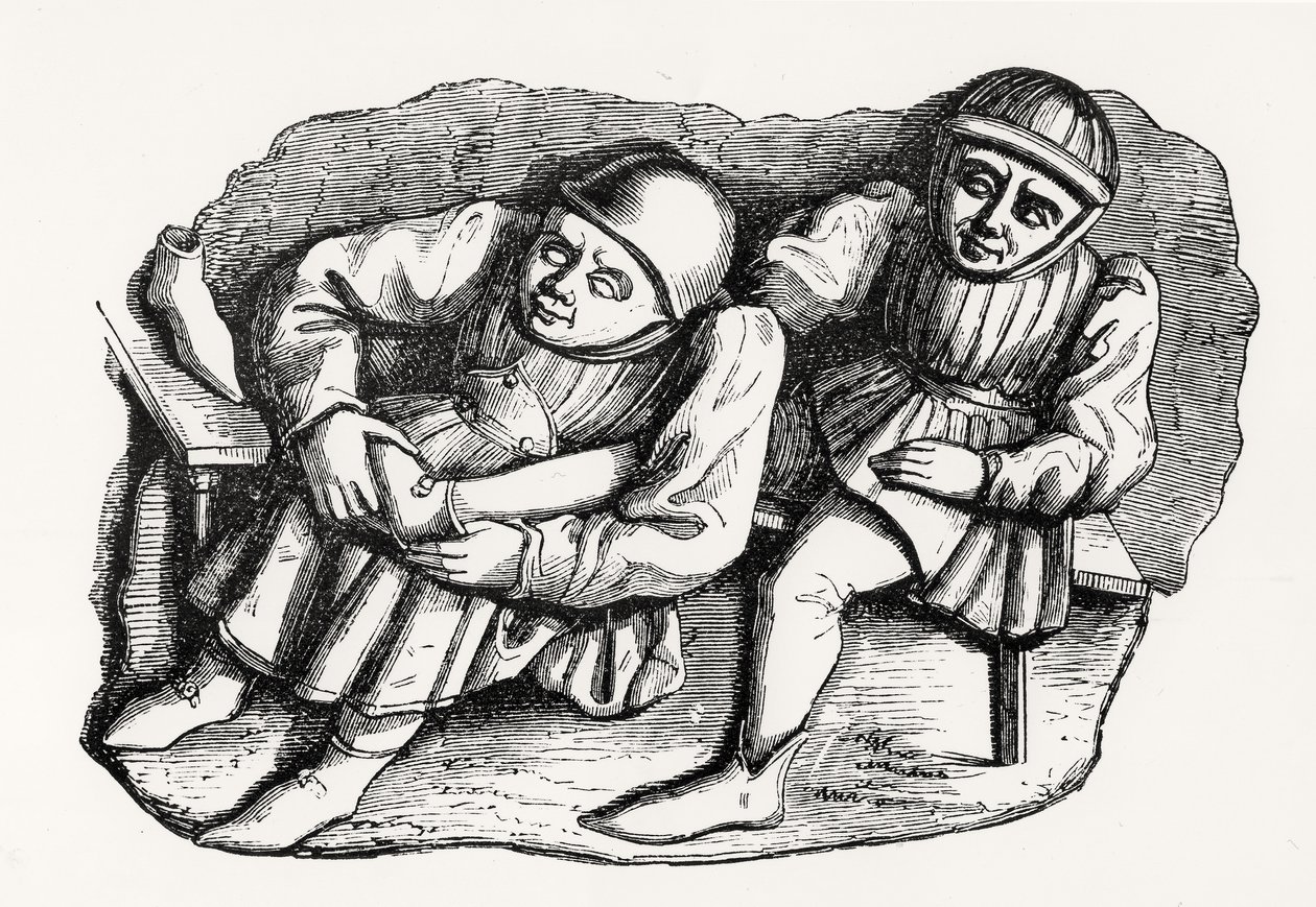 El Zapatero y su Cliente, copiado de uno de los Stalls de Misericordia en el Coro de la Catedral de Rouen, ilustración de Ciencia y Literatura en la Edad Media y el Renacimiento de French School