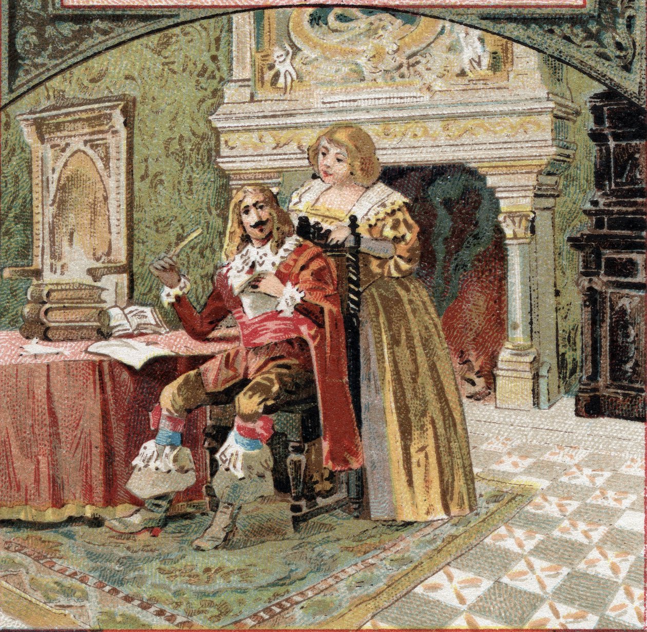 El Señor de Beringhen y Madame du Fargis conspiraron contra Richelieu (Armand Jean du Plessis, Cardenal de Richelieu (1585-1642), ministro de Luis XIII, en el Chateau de Azay-le-Rideau (Azay le Rideau) (Indre-et-Loire). Cromolitografía de finales del siglo de French School