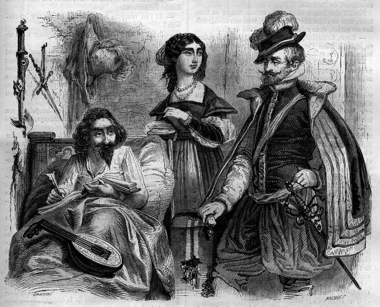 El escritor español Miguel de Cervantes Saavedra (1547-1616) en su casa en 1614 rodeado de su esposa y el Conde de Lemos. Grabado de 1852 de French School