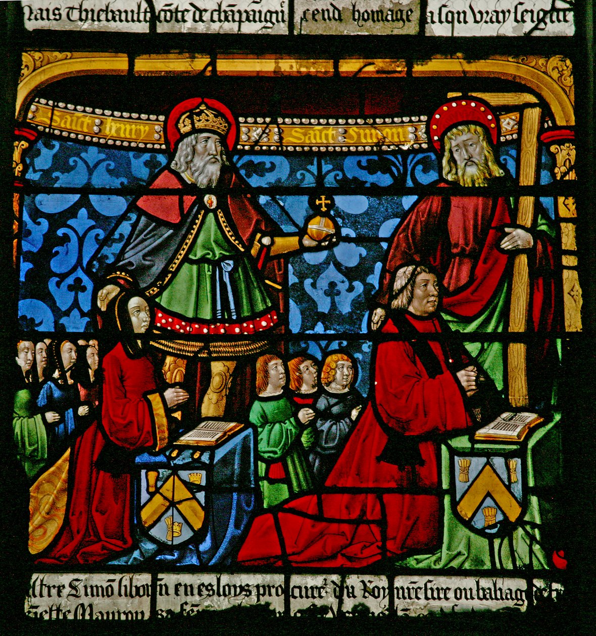 La ventana de San Luis: Los donantes Henriette de Mauroy y Simon Liboron con sus santos patronos San Enrique y Simón de Cirene de French School
