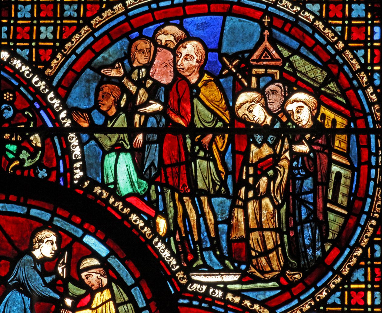 La ventana de San Lubin: una procesión sale de una iglesia de French School
