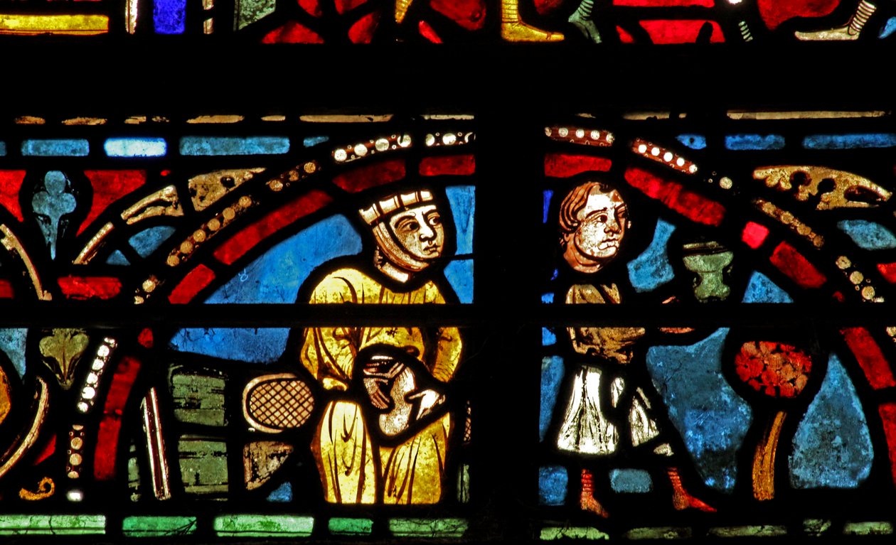 La ventana de San Lubin: donantes - vinateros: él sirve el vino, ella sostiene la bolsa de dinero de French School