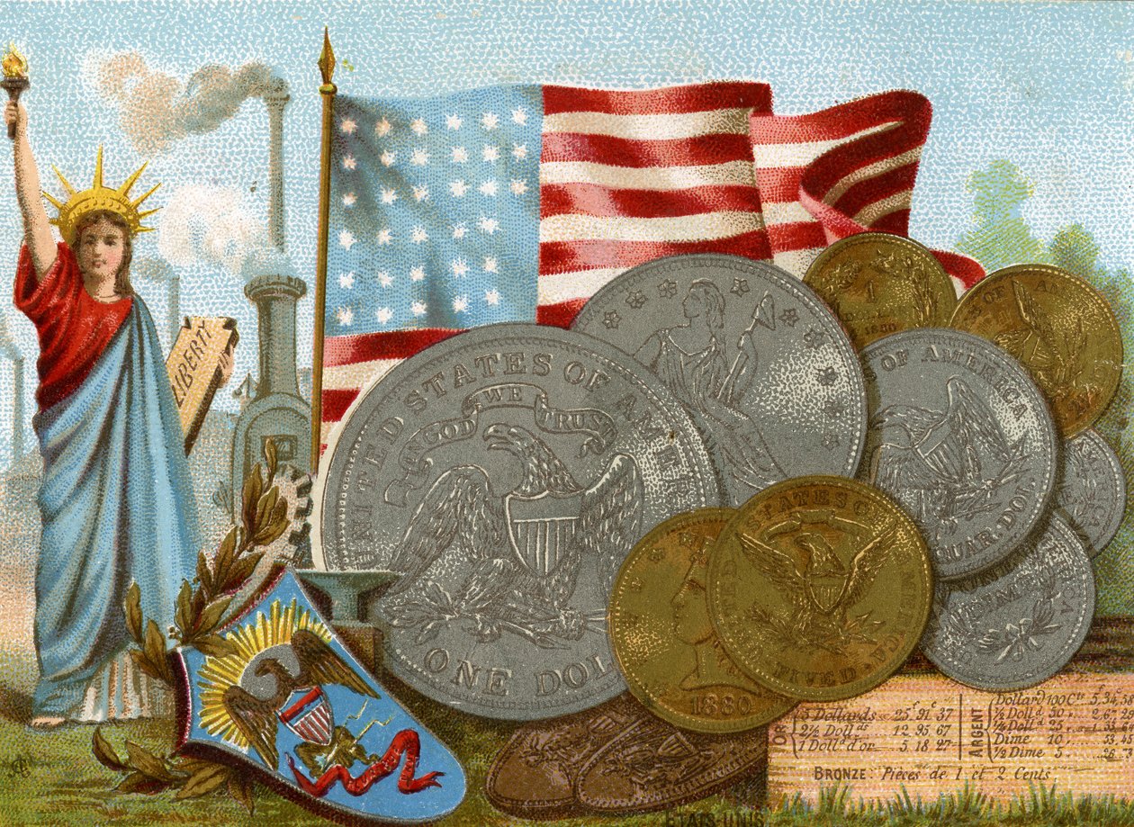 La Estatua de la Libertad junto a una chimenea de fábrica, la bandera americana y una exhibición de dólares, c.1890 de French School