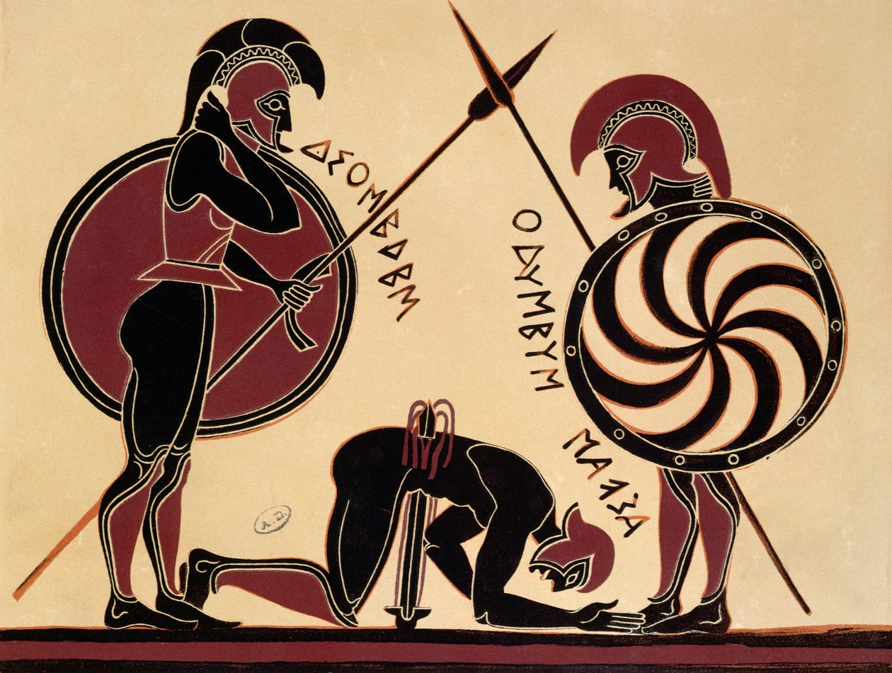 El suicidio de Áyax, ilustración de un antiguo jarrón griego de French School