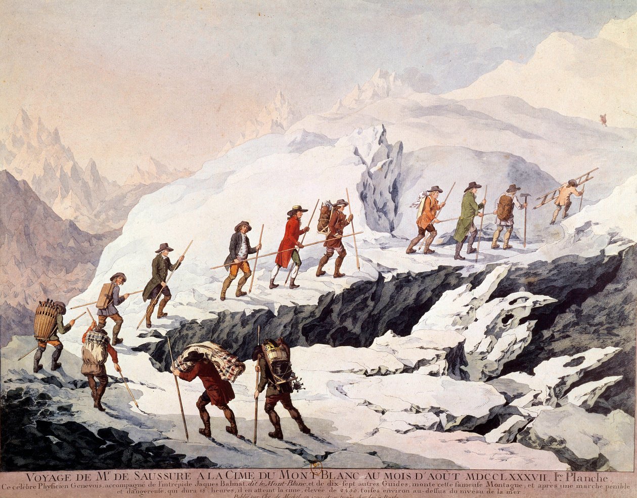 El naturalista suizo Horace Benedict de Saussure (1740-1799) y el guía de montaña francés Jacques Balmat realizaron el segundo ascenso al Mont Blanc en agosto de 1787. de French School