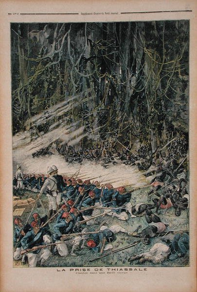 La toma de Thiassale, la batalla en la selva virgen, ilustración de Le Petit Journal, 26 de agosto de 1893 de French School