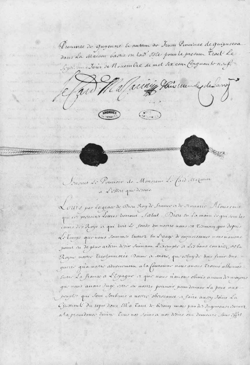 El Tratado de los Pirineos, firmado por el Cardenal Jules Mazarin (1602-61) y Don Luis Méndez de Haro (1598-1661) el 7 de noviembre de 1659 de French School