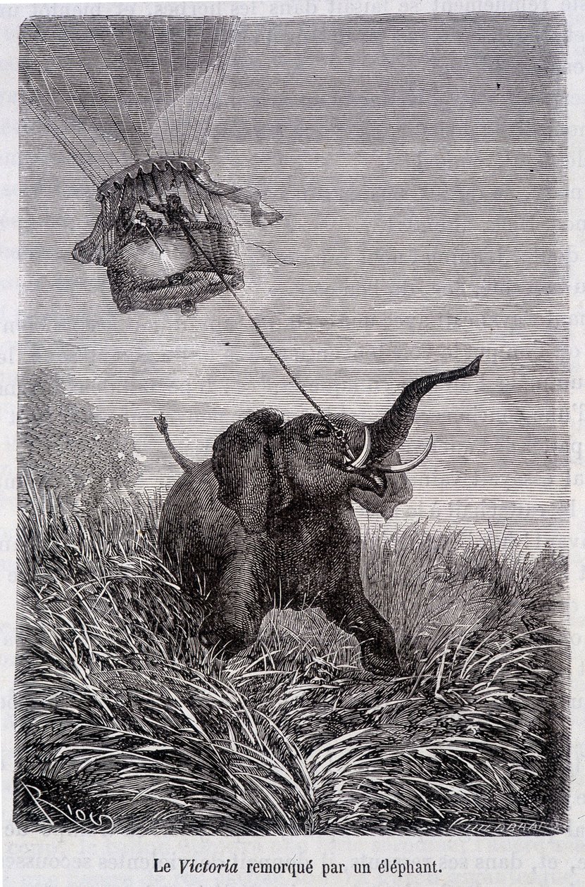 El Victoria remolcado por un elefante - en "Cinco semanas en globo", novela de Julio Verne de French School