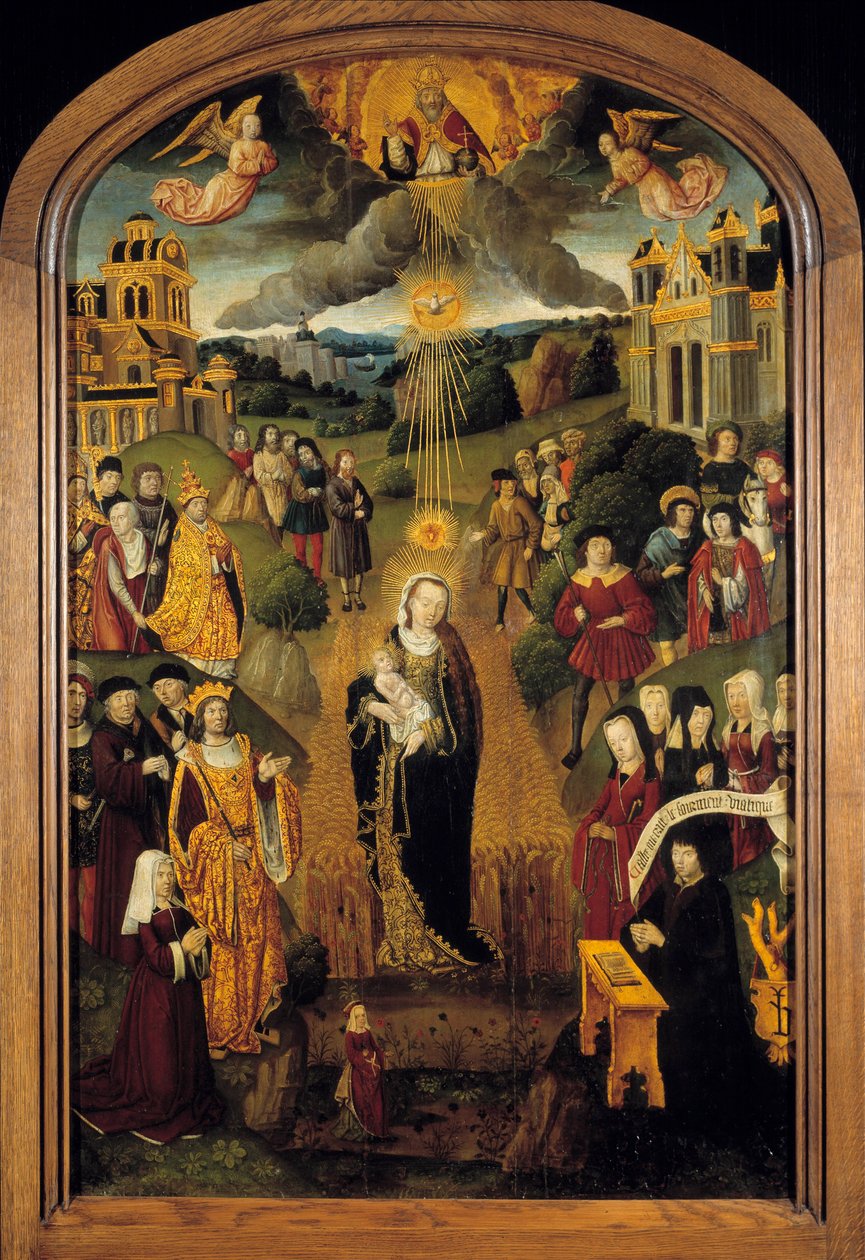 La Virgen con Trigo. El Rey Luis XII (1462-1515) y el Papa Alejandro VI (1431-1503) están presentes. Dios Todopoderoso sosteniendo el Globo bendice la escena mientras el Espíritu Santo protege a la Virgen y al Niño. Pintura sobre madera de la Escuela Franc de French School