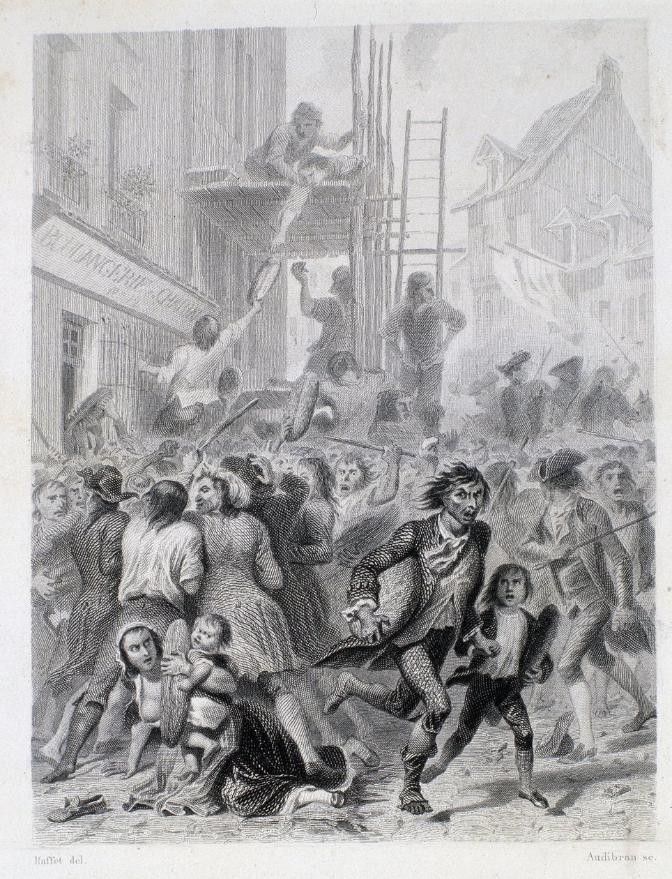 La Guerra de las Harinas: motín frente a una panadería en mayo de 1775 (primeros frutos de la Revolución Francesa) de French School