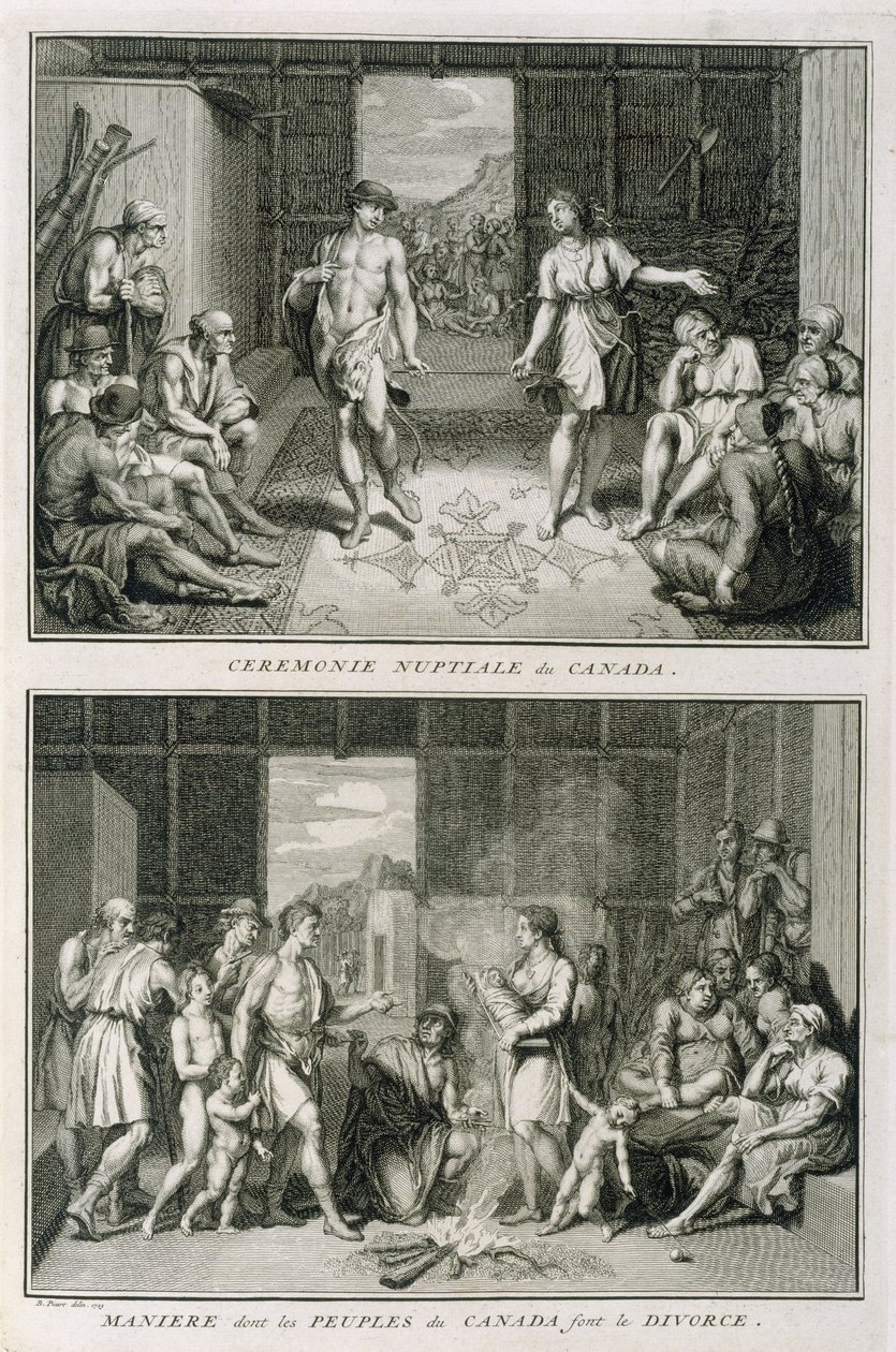 La Ceremonia de la Boda y la Manera de Divorciarse en Canadá, ilustración de Ceremonias y Costumbres Religiosas, grabado por Bernard Picart, 1723 de French School