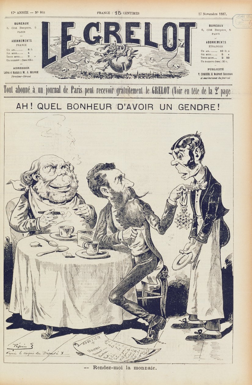 El Asunto Wilson, portada de Le Grelot, 27 de noviembre de 1887 de French School