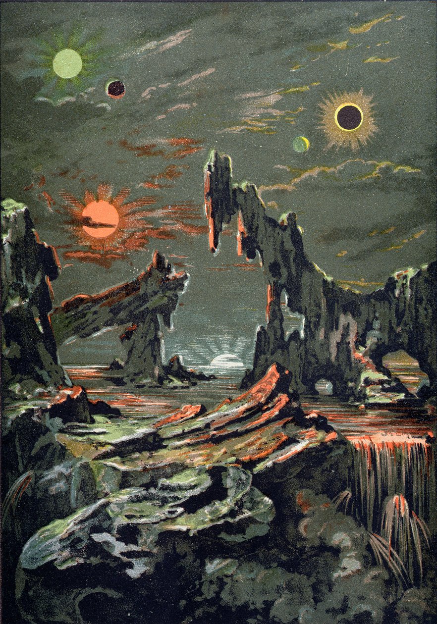 El mundo de cuatro lunas y cuatro soles, ilustración de LAstronomie Populaire escrito por Camille Flammarion (1842-1925) 1881 de French School