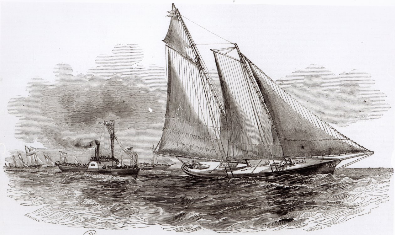 El yate America tomando la delantera en la Regata de Cowes de 1851, de Le Monde Illustré, 1851 de French School