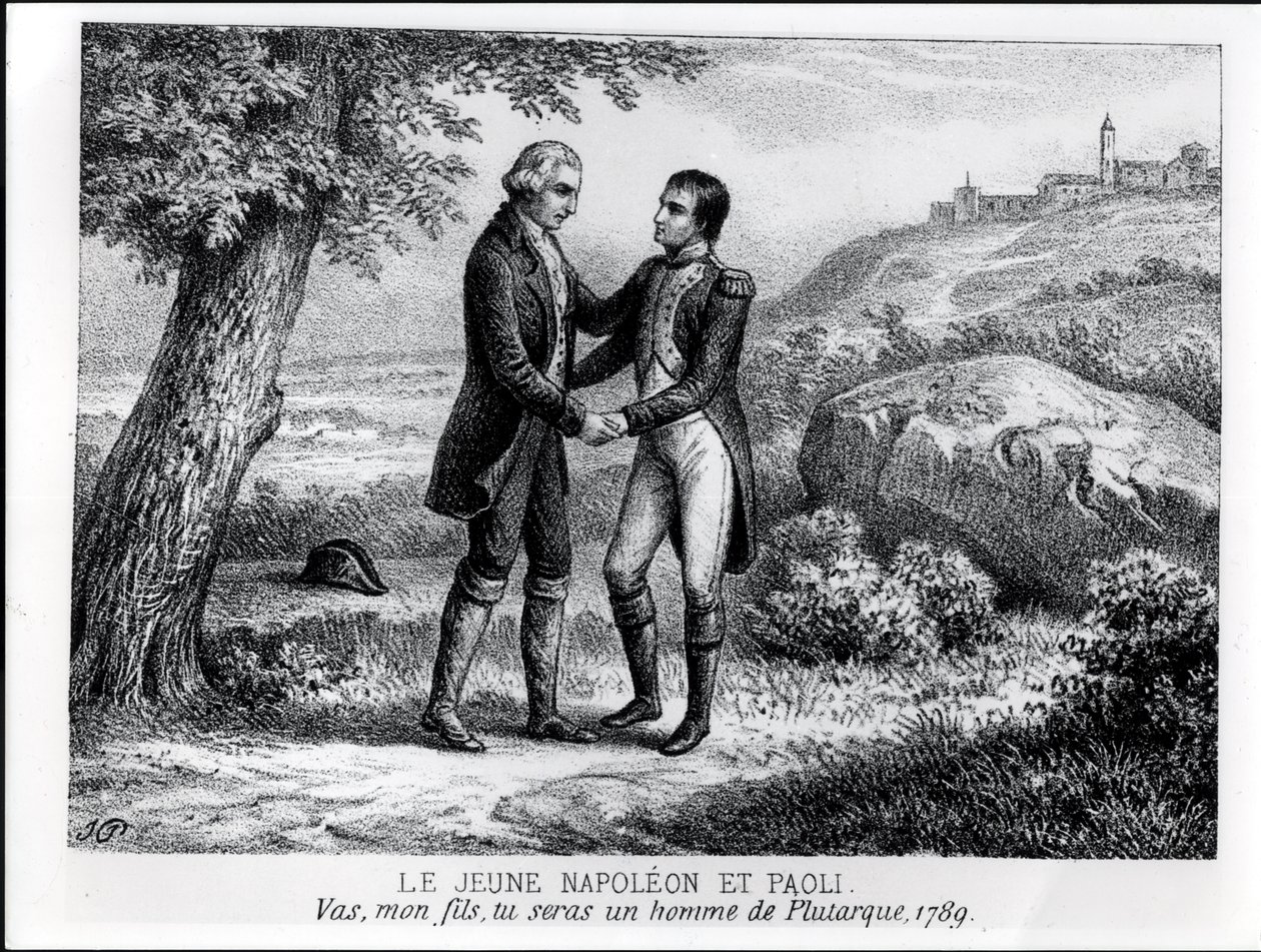 El joven Napoleón Bonaparte (1769-1821) encontrándose con Pasquale Paoli (1725-1807) en 1789, de un libro sobre Córcega de J.A. Galetti, París, 1863 de French School