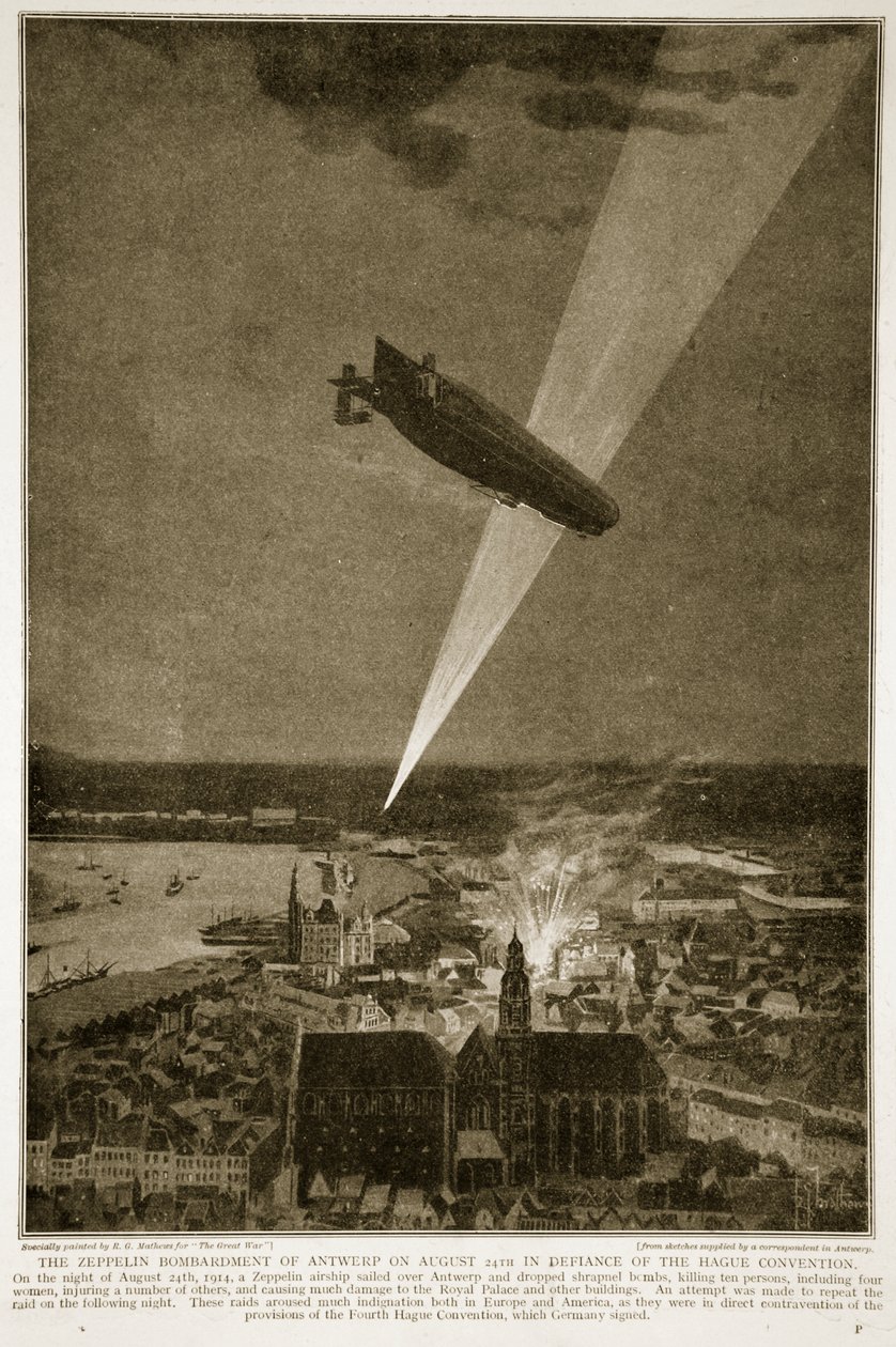 El bombardeo de Zeppelin en Amberes el 24 de agosto de 1914 en desafío a la Convención de La Haya, 1914-19 de French School