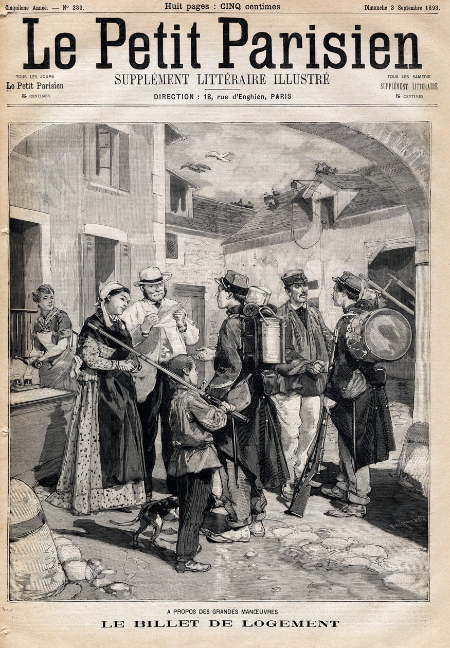 El billete de alojamiento, que da derecho a una cama y una vela, se distribuye a los soldados después de sus ejercicios y grandes maniobras. Uno del periódico "Le Petit Parisien" el 3/09/1893 (grabado) de French School