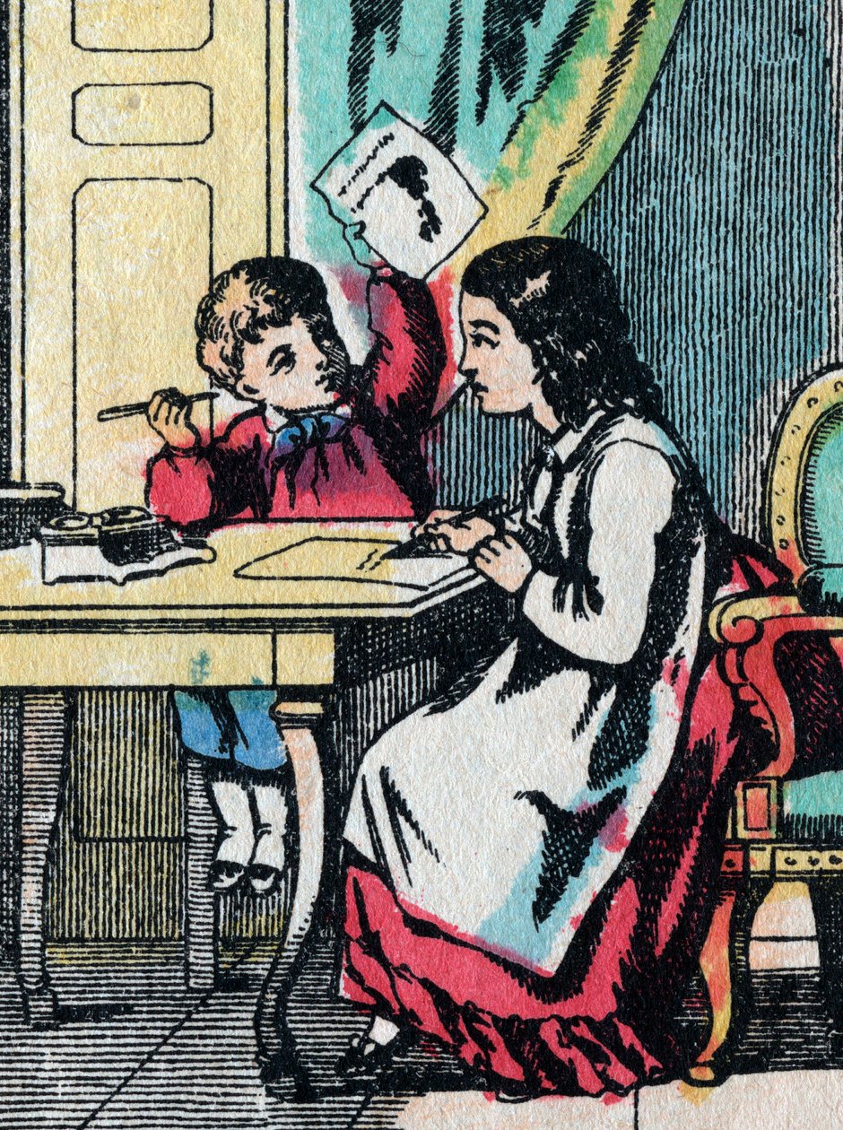 Las actividades para niñas de buenas familias: ayudando a un hermanito con su tarea - Imagen de Epinal - siglo XIX de French School