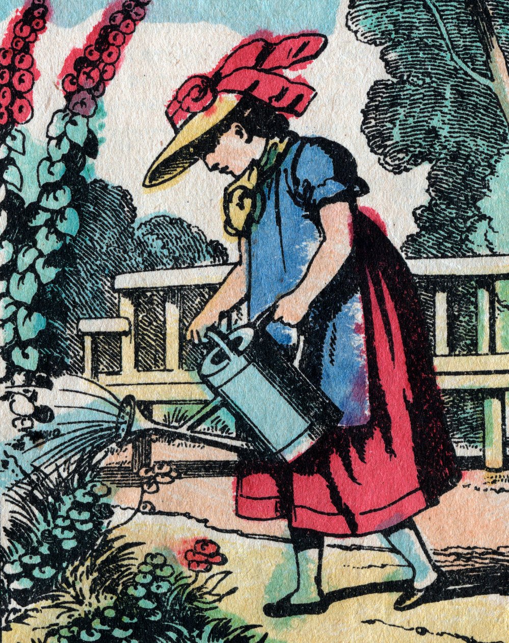 Las actividades para niñas de buenas familias: aprendiendo jardinería - Imagen de Epinal - Siglo XIX (grabado) de French School