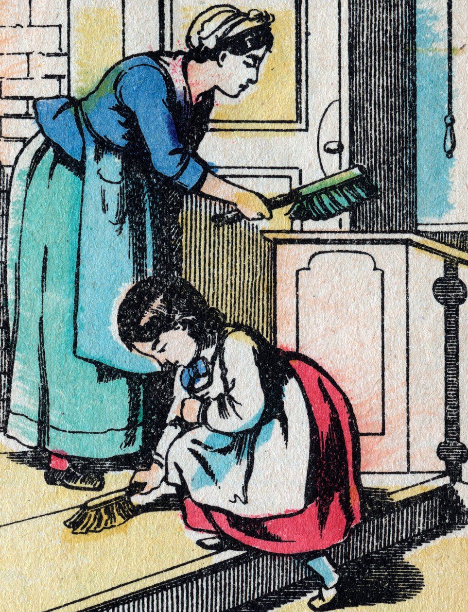 Las actividades para niñas de buenas familias: las tareas del hogar - Imagen de Epinal - Siglo XIX (grabado) de French School