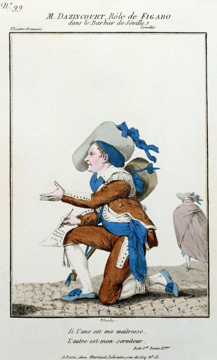 El actor Dazincourt en el Théâtre Français en el papel de Fígaro en El barbero de Sevilla de Pierre Augustin Caron de Beaumarchais (1732-1799) de French School
